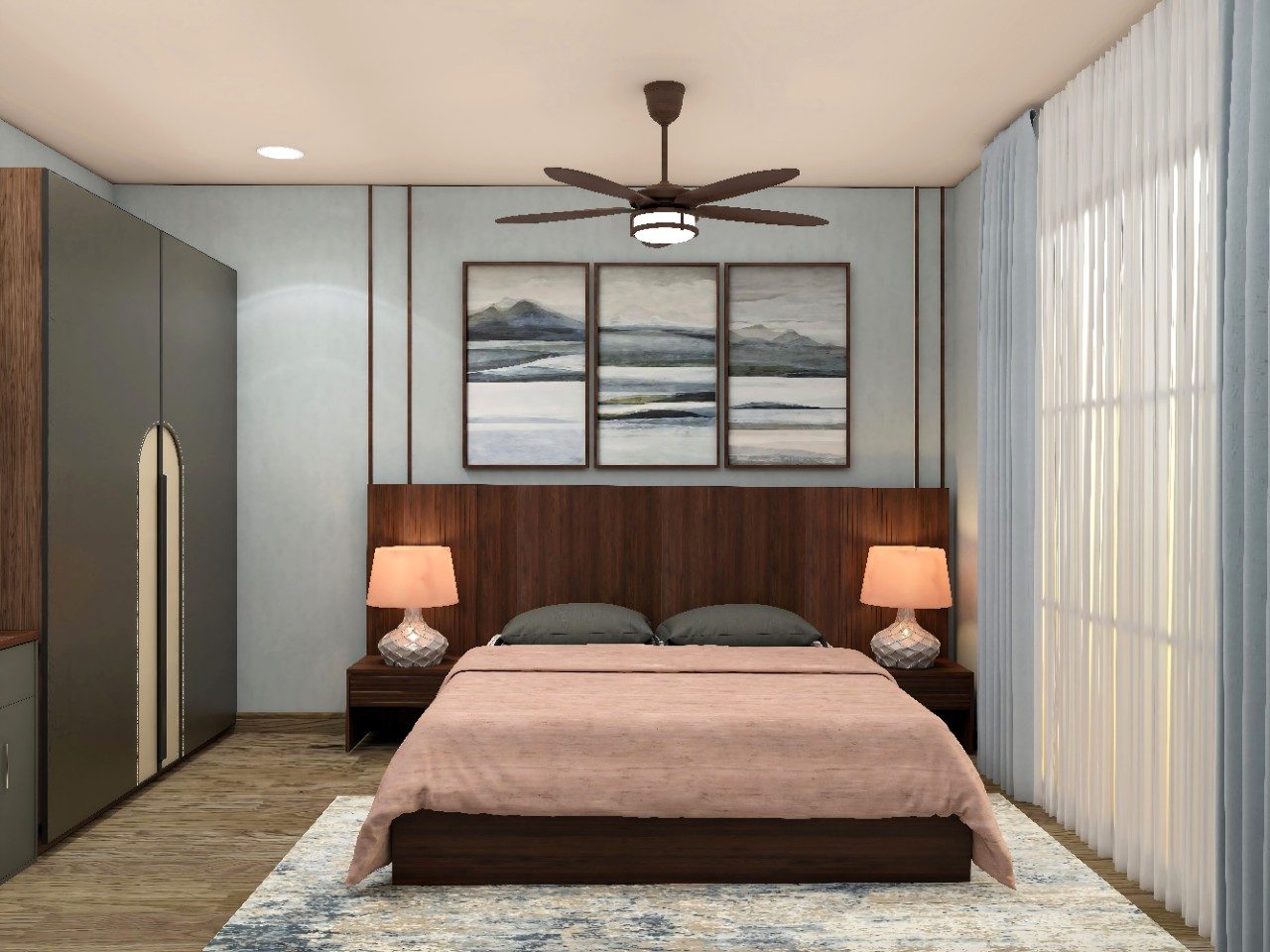 Master bedroom design with wooden headboard and light grey textured walls - Beautiful Homes