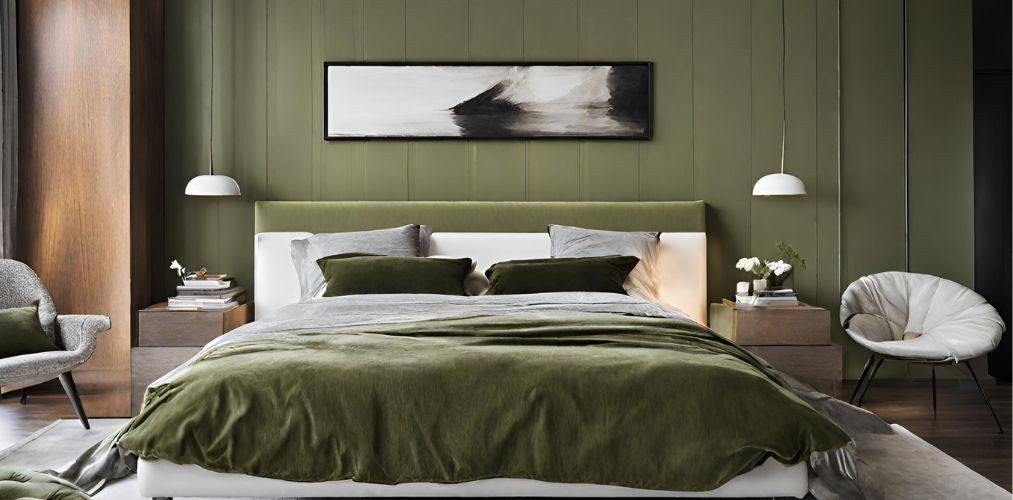 Master bedroom headboard design with olive green upholstery - Beautiful Homes