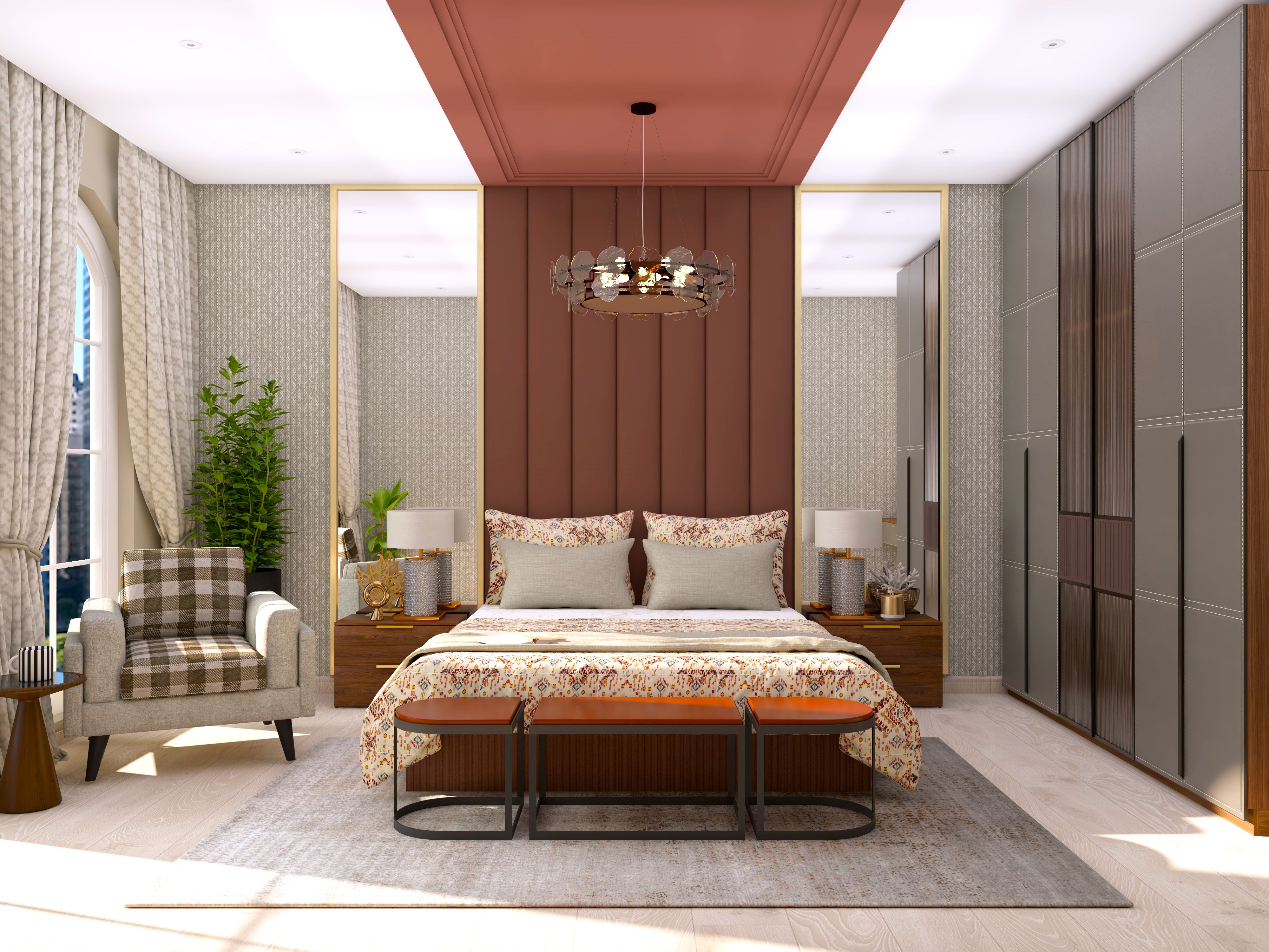 Master bedroom with brown upholstered wall panel in center and mirrors on both sides - Beautiful Homes
