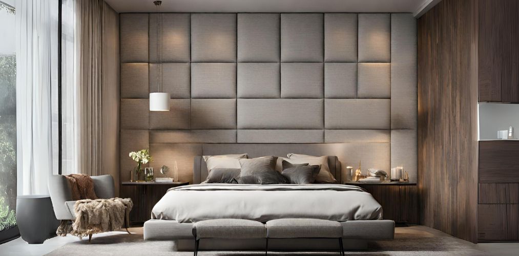 Master bedroom with floor to ceiling upholstered headboard - Beautiful Homes