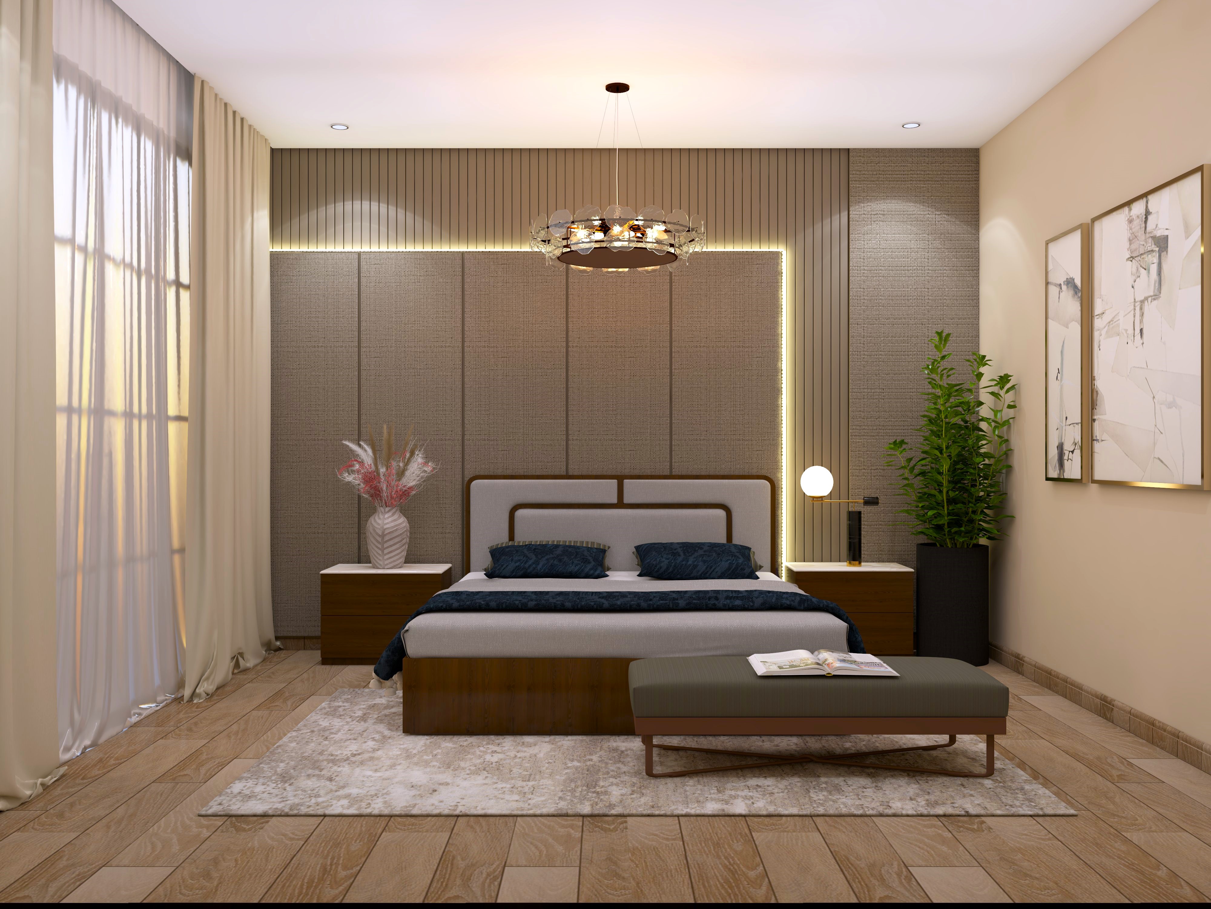 Master bedroom with grey upholstered bed and brown textured wall paneling - Beautiful Homes