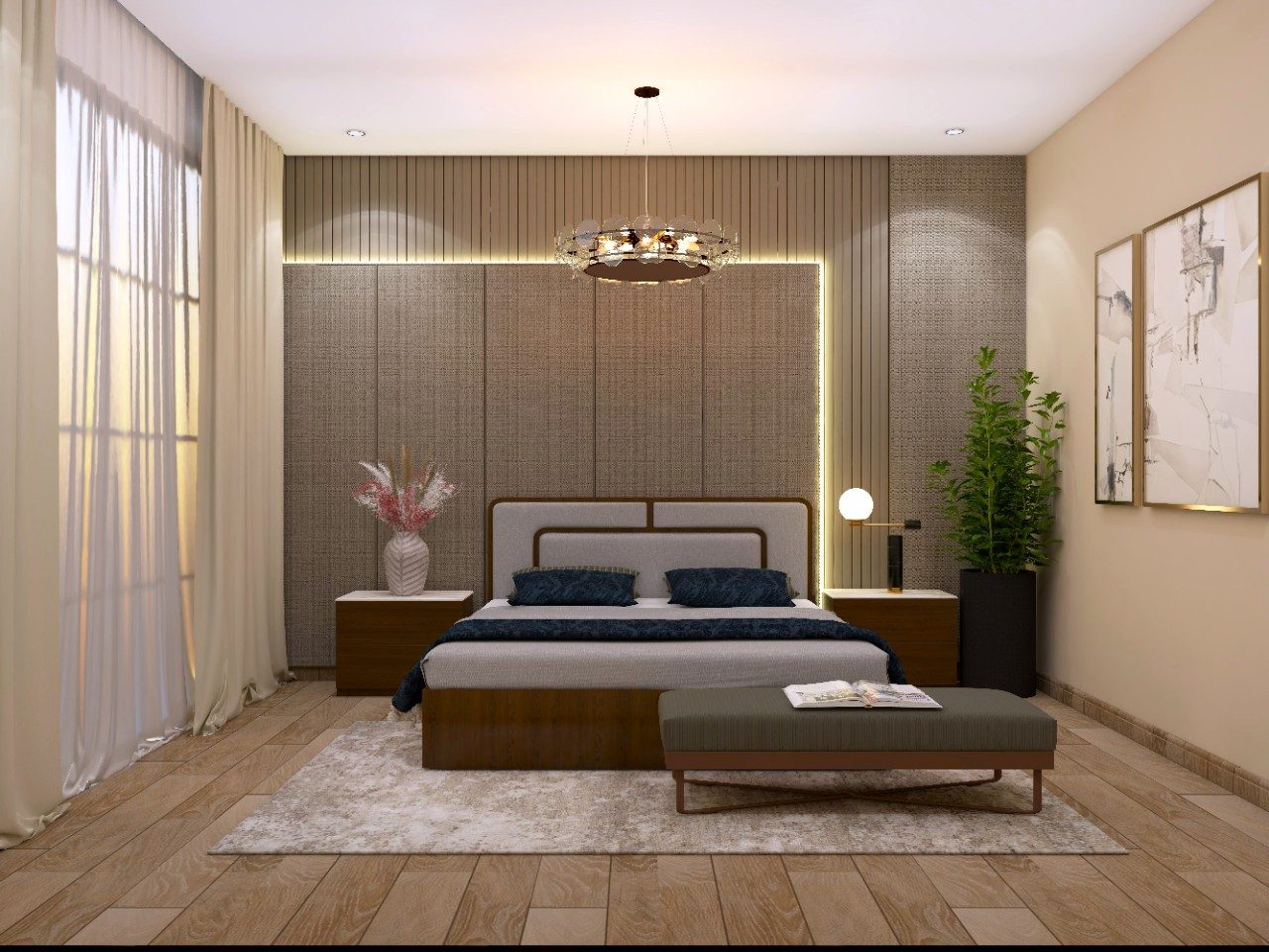 Master bedroom with grey upholstered bed and brown textured wall paneling - Beautiful Homes