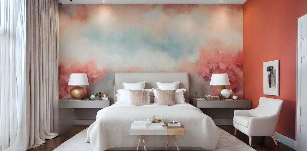 Master bedroom with white headboard and colourful wallpaper - Beautiful Homes