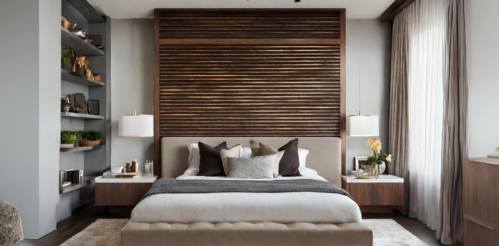 Master bedroom with wooden wall paneling and wall shelves - Beautiful Homes