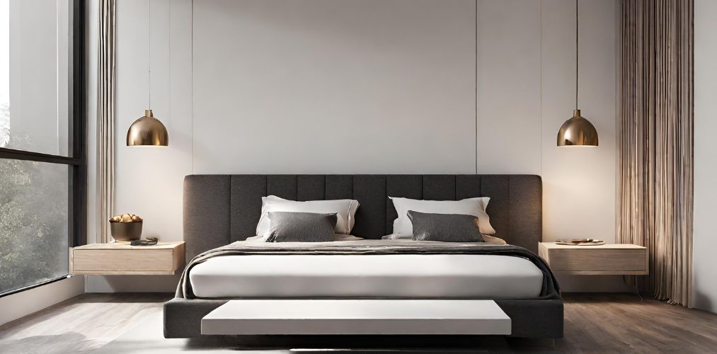 Minimalistic bedroom with upholstered bed and wooden side tables - Beautiful Homes