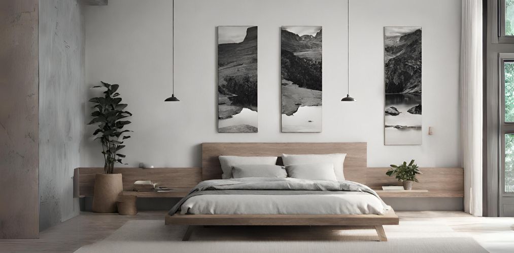 Minimalistic bedroom with wooden bed and wall décor - Beautiful Homes