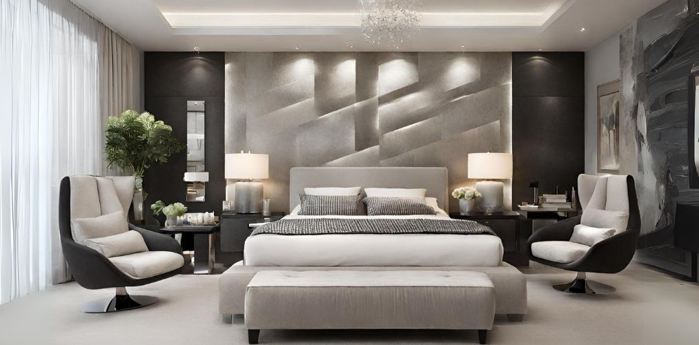 Modern bedroom design with accent chairs - Beautiful Homes