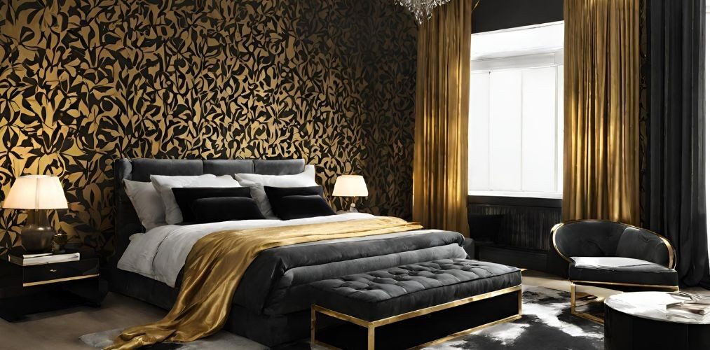 Modern bedroom design with black and gold wallpaper - Beautiful Homes