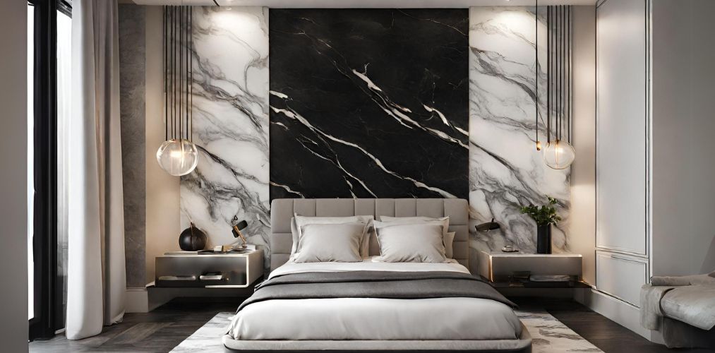 Modern bedroom design with white and black marble accent wall - Beautiful Homes