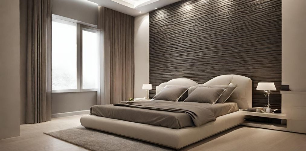 Modern bedroom wall design with grey textured paneling - Beautiful Homes