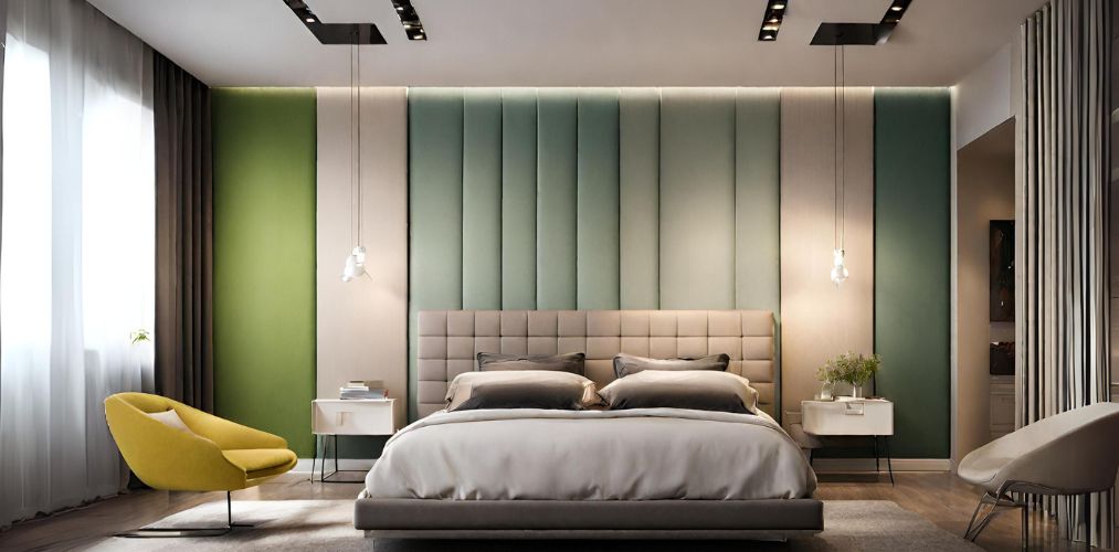 Modern bedroom with multi-colour fabric wall paneling - Beautiful Homes