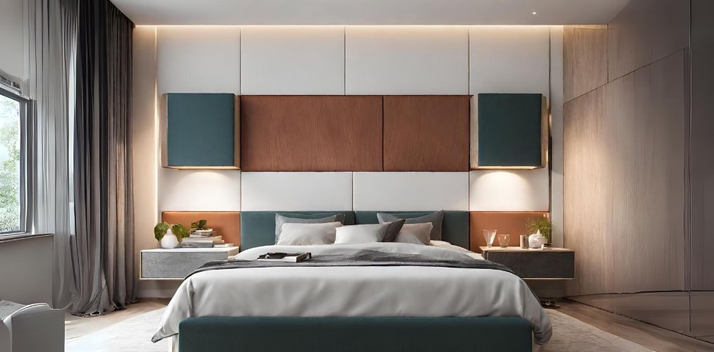 Modern bedroom with multi-tone headboard - Beautiful Homes