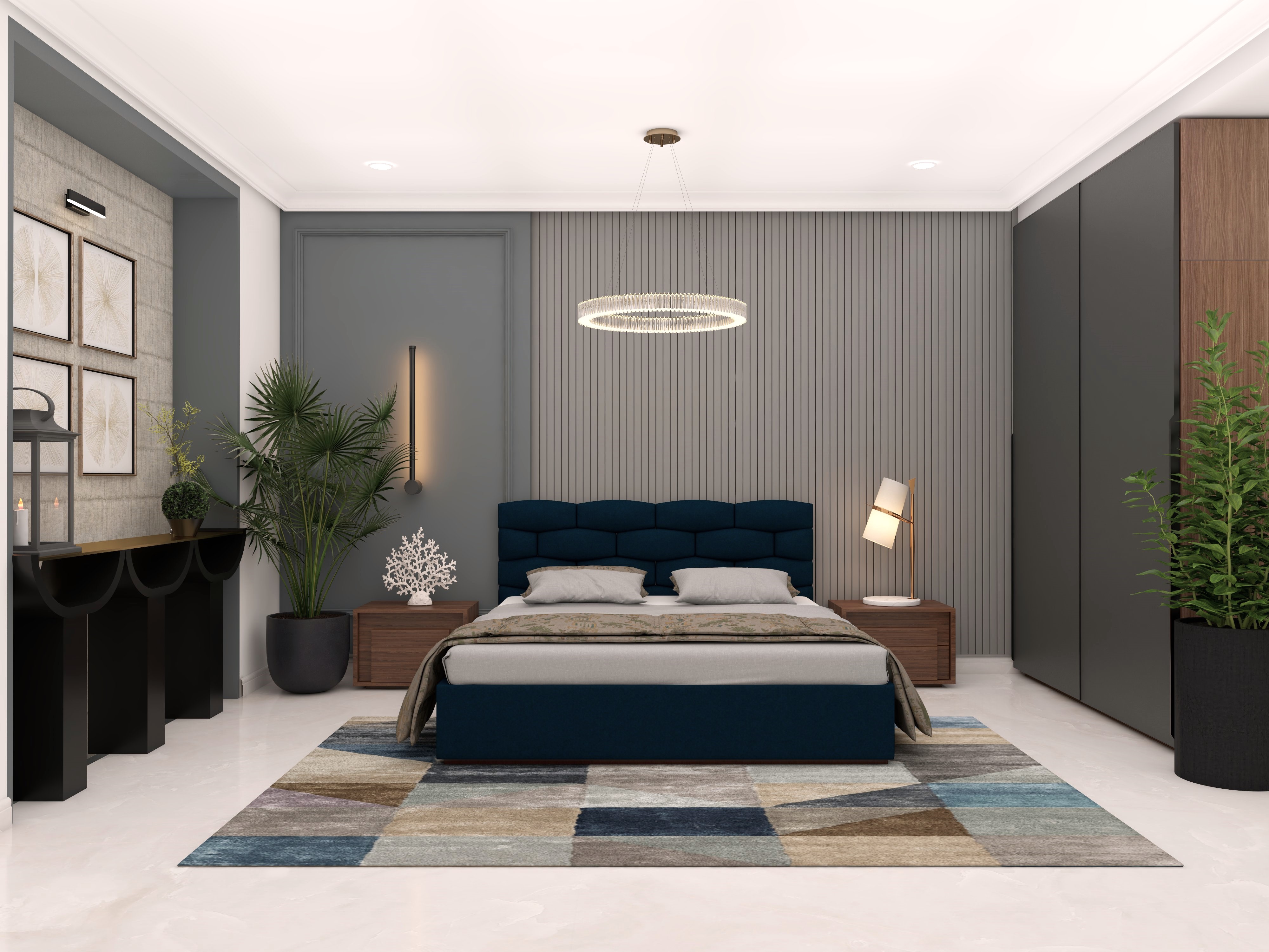 Modern contemporary master bedroom with Royal furniture and grey fluted paneling - Beautiful Homes