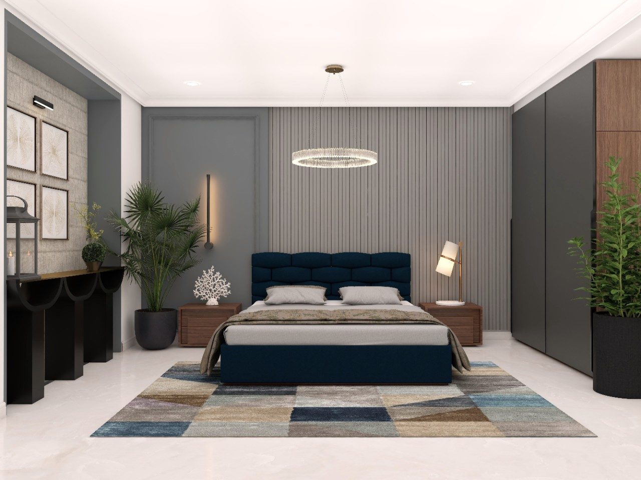 Modern contemporary master bedroom with Royal furniture and grey fluted paneling - Beautiful Homes