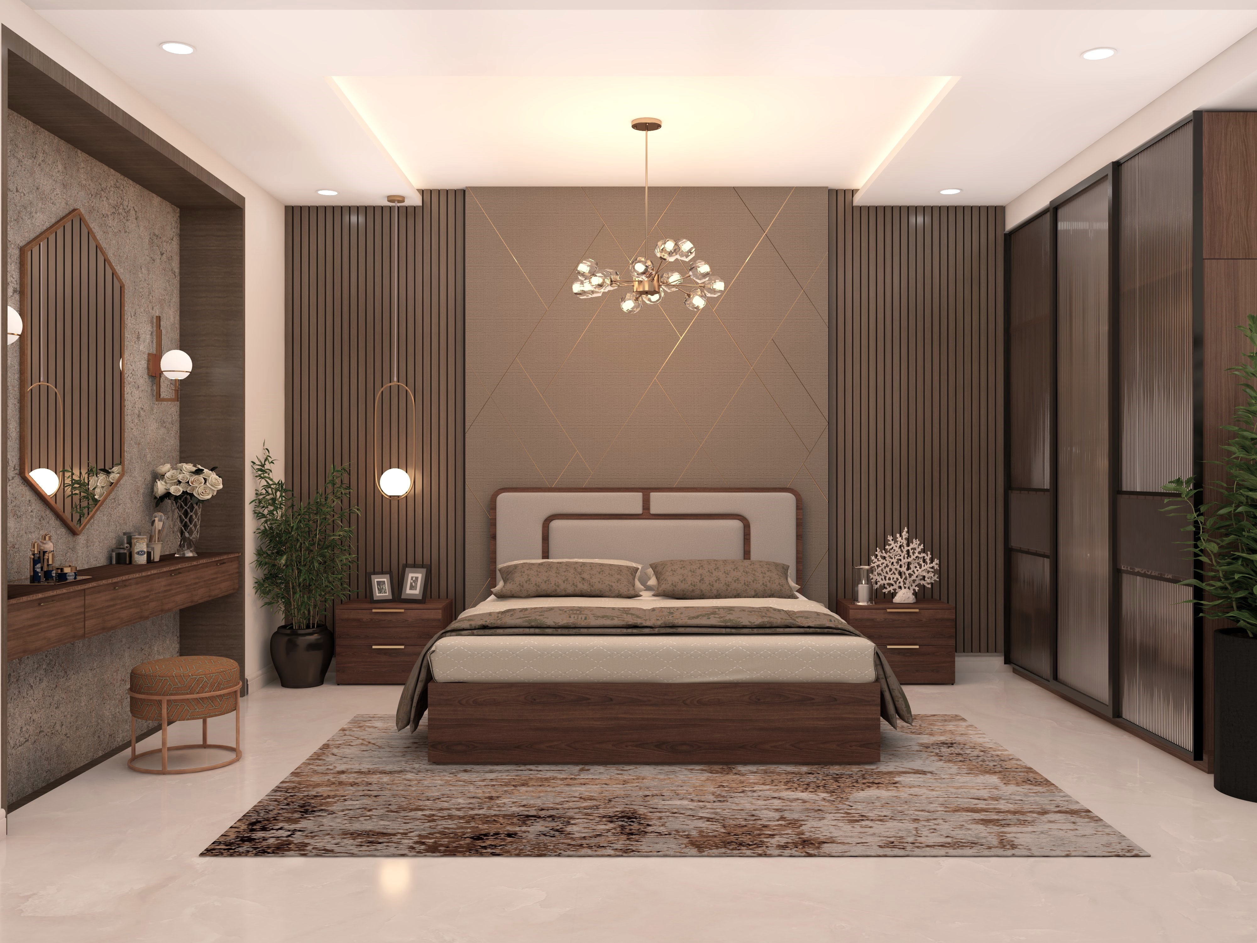 Modern contemporary master bedroom with Royal furniture and white teak lights - Beautiful Homes