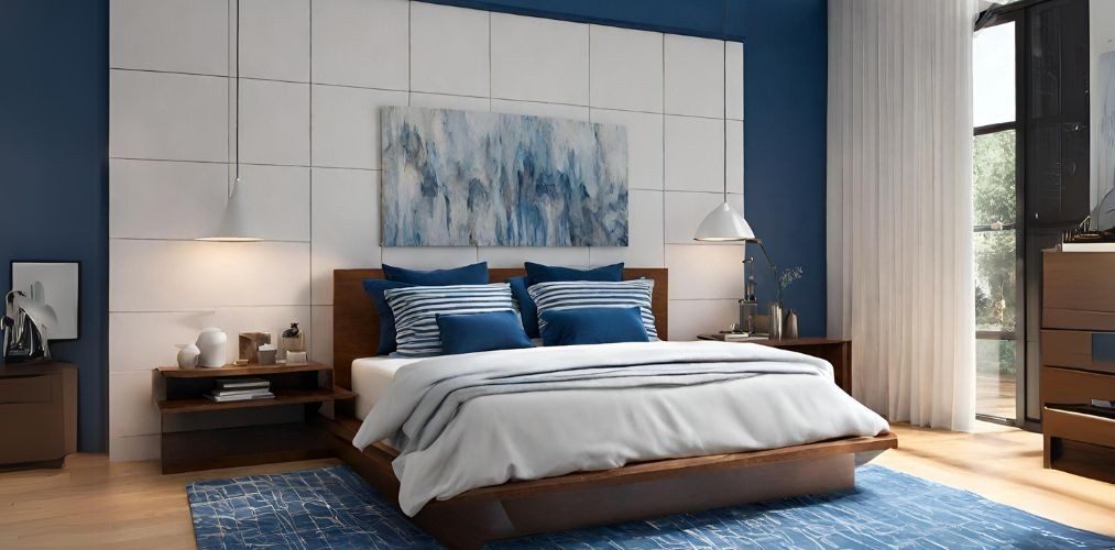 Modern master bedroom design with white and blue accent wall - Beautiful Homes