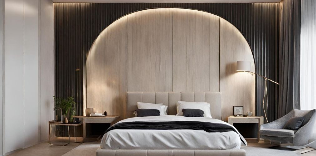 Modern master bedroom with arched wall paneling - Beautiful Homes