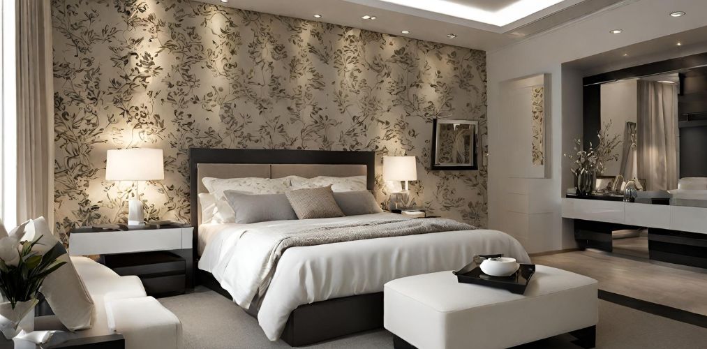 Neutral theme bedroom with black accent wallpaper - Beautiful Homes