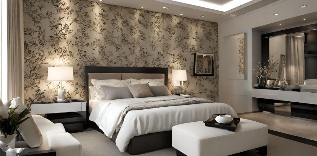 Neutral theme bedroom with black accent wallpaper - Beautiful Homes