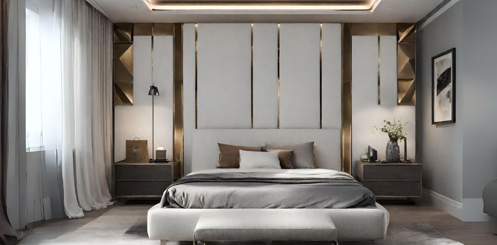 Simple grey bedroom with upholstered wall paneling with metal inserts - Beautiful Homes