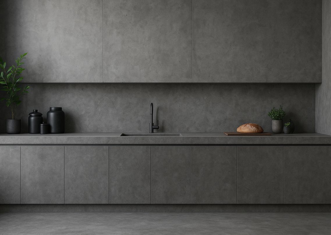 Matte grey kitchen with stone finish and black décor - Beautiful Homes