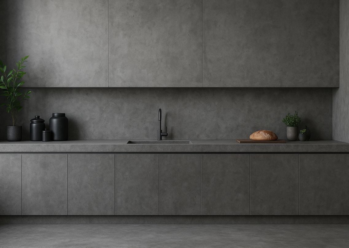 Matte grey kitchen with stone finish and black décor - Beautiful Homes