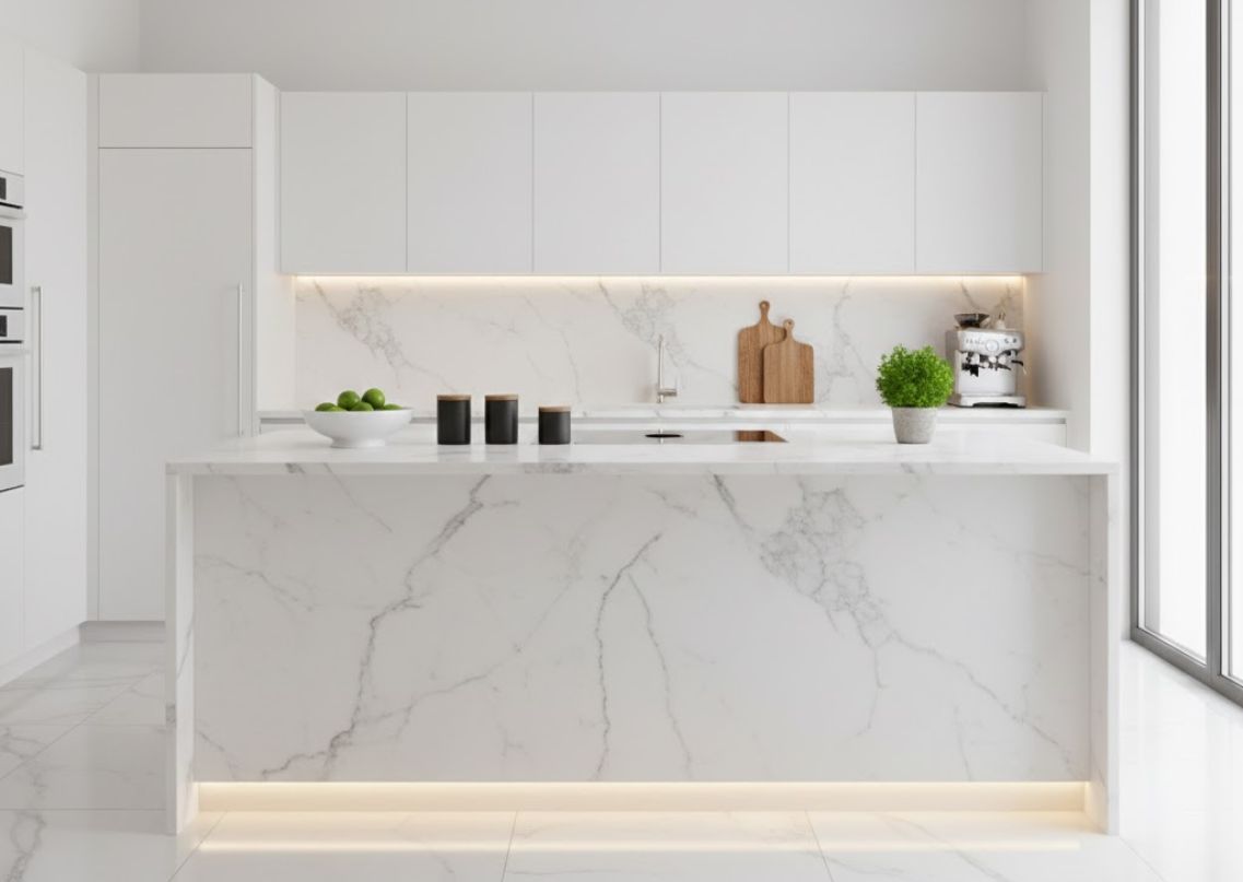 Modern kitchen with white marble countertops and cabinets - Beautiful Homes