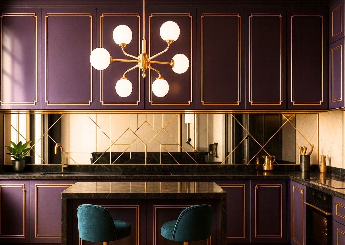 Purple kitchen with gold details and marble counters - Beautiful Homes