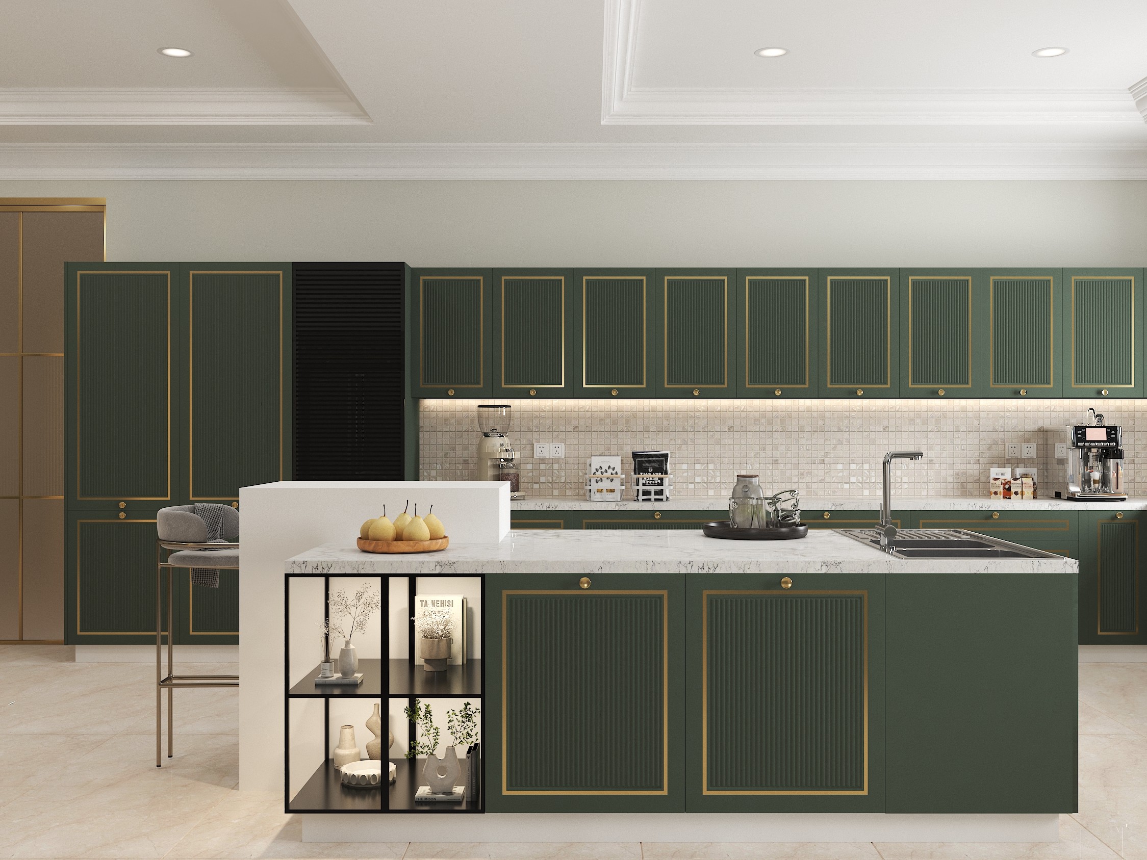 Modern kitchen with green cabinets and marble island - Beautiful Homes