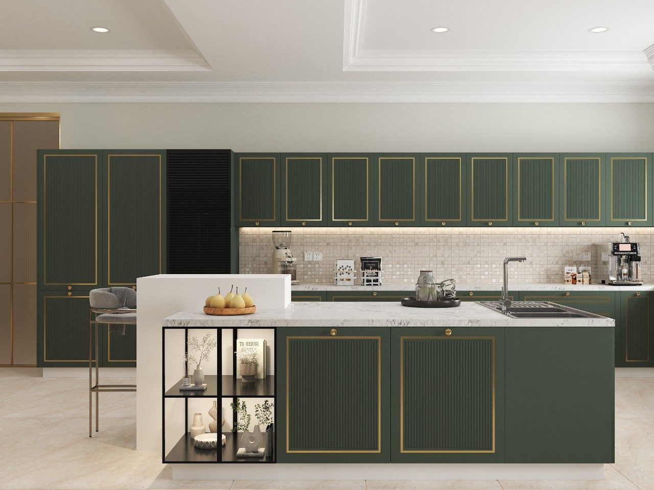 Modern kitchen with green cabinets and marble island - Beautiful Homes