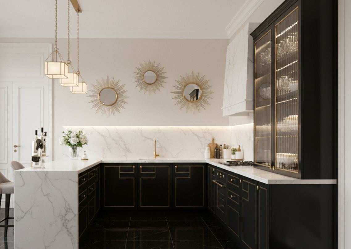 Black kitchen with gold accents and marble countertop - Beautiful Homes