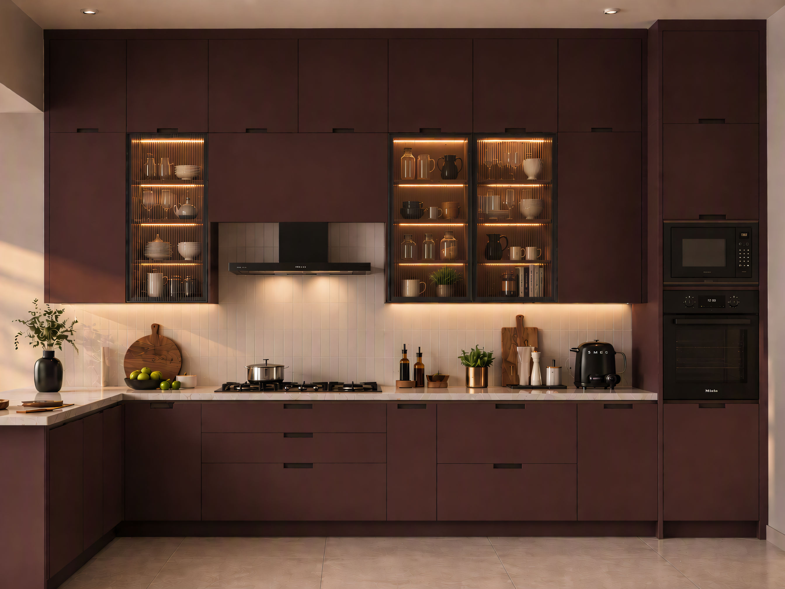Modern L-shaped plum maroon modular kitchen with illuminated fluted glass upper cabinets and built-in appliances - Beautiful Homes