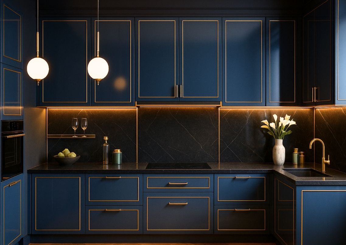 Navy cabinets with gold accents and marble top - Beautiful Homes