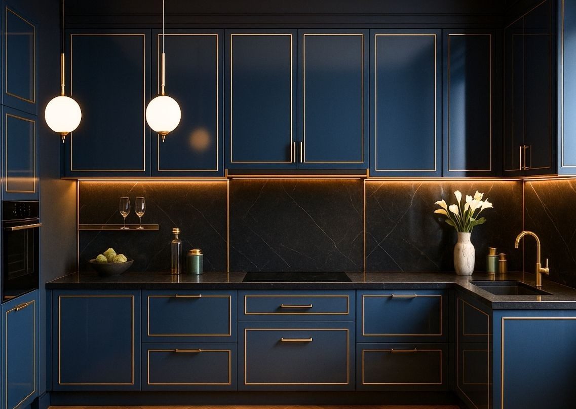 Navy cabinets with gold accents and marble top - Beautiful Homes