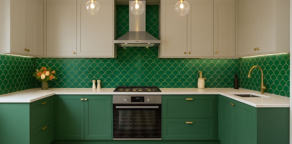 Green cabinets with scalloped backsplash and gold accents - Beautiful Homes