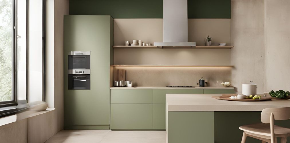 Beige and green parallel kitchen with open shelves - Beautiful Homes