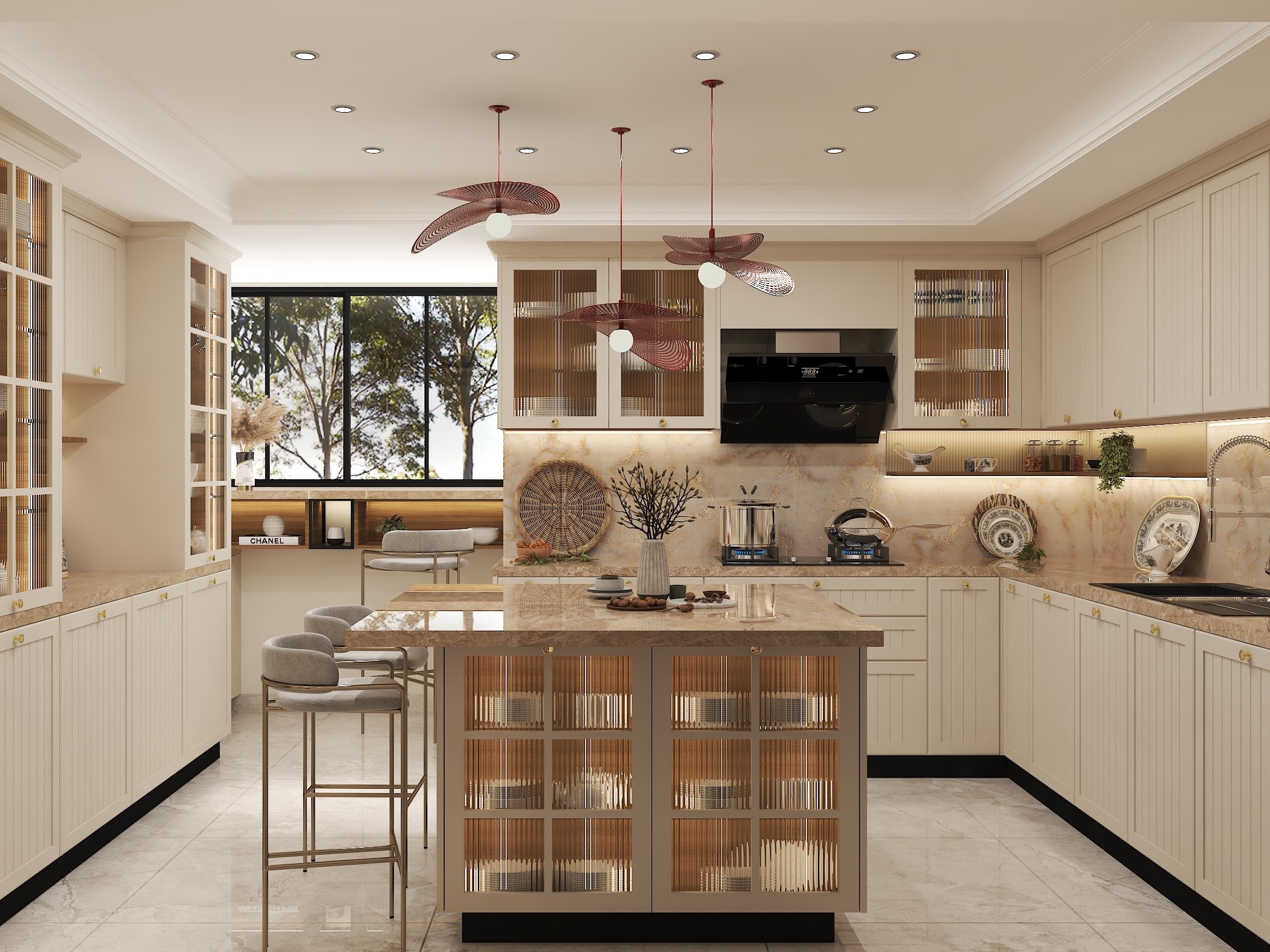 Beige kitchen with marble counters and storage cabinets - Beautiful Homes