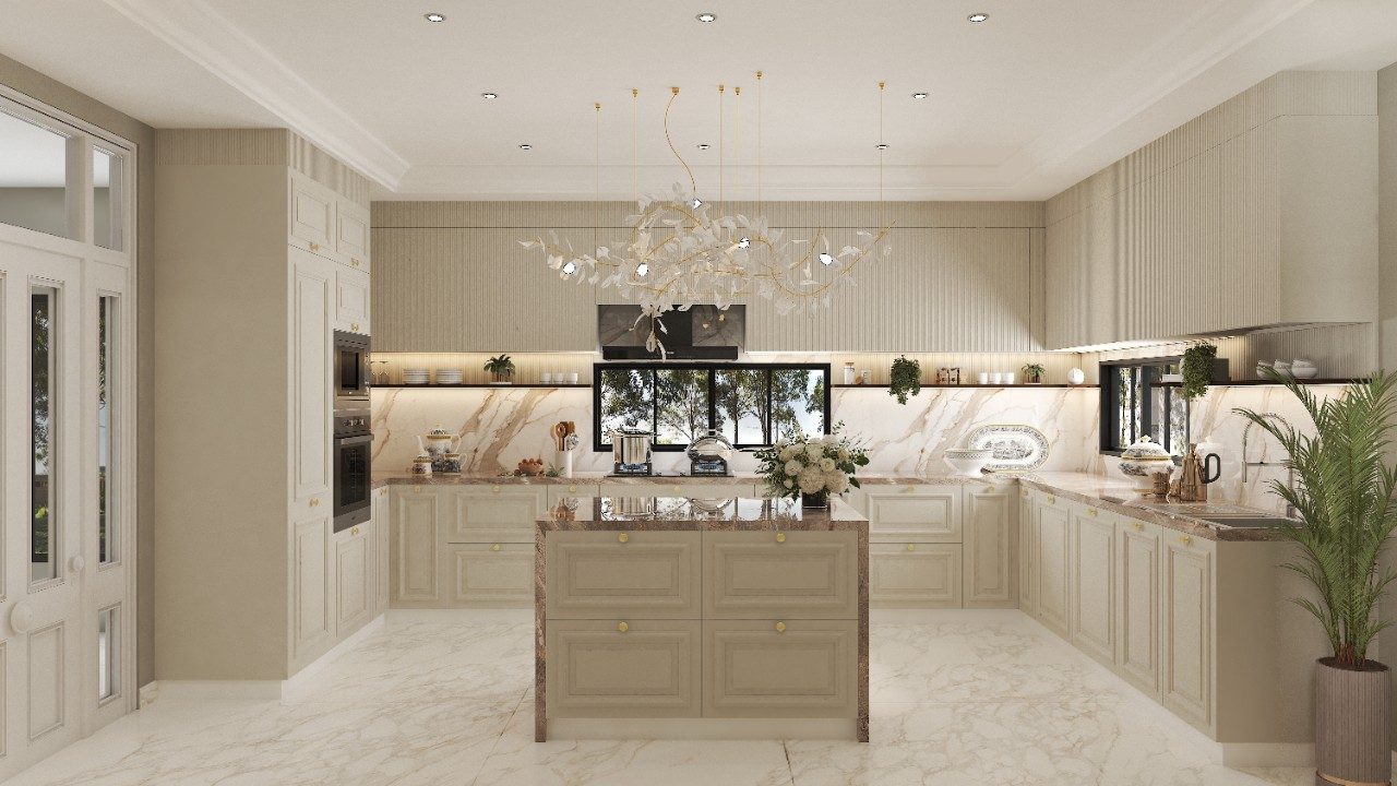 Island kitchen with panelled cabinets - Beautiful Homes