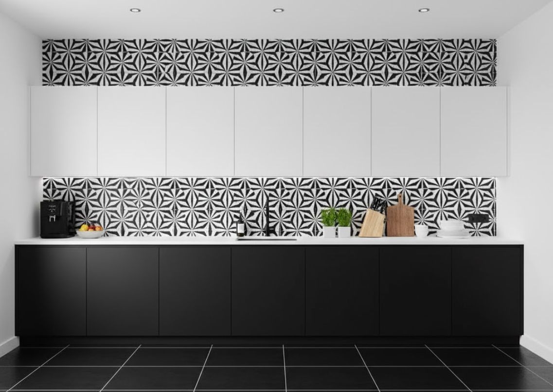 Modern kitchen with black and white cabinets and backsplash - Beautiful Homes