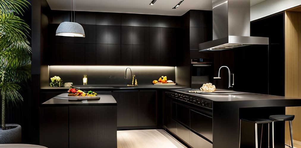 Black modular kitchen with granite countertop-Beautiful Homes