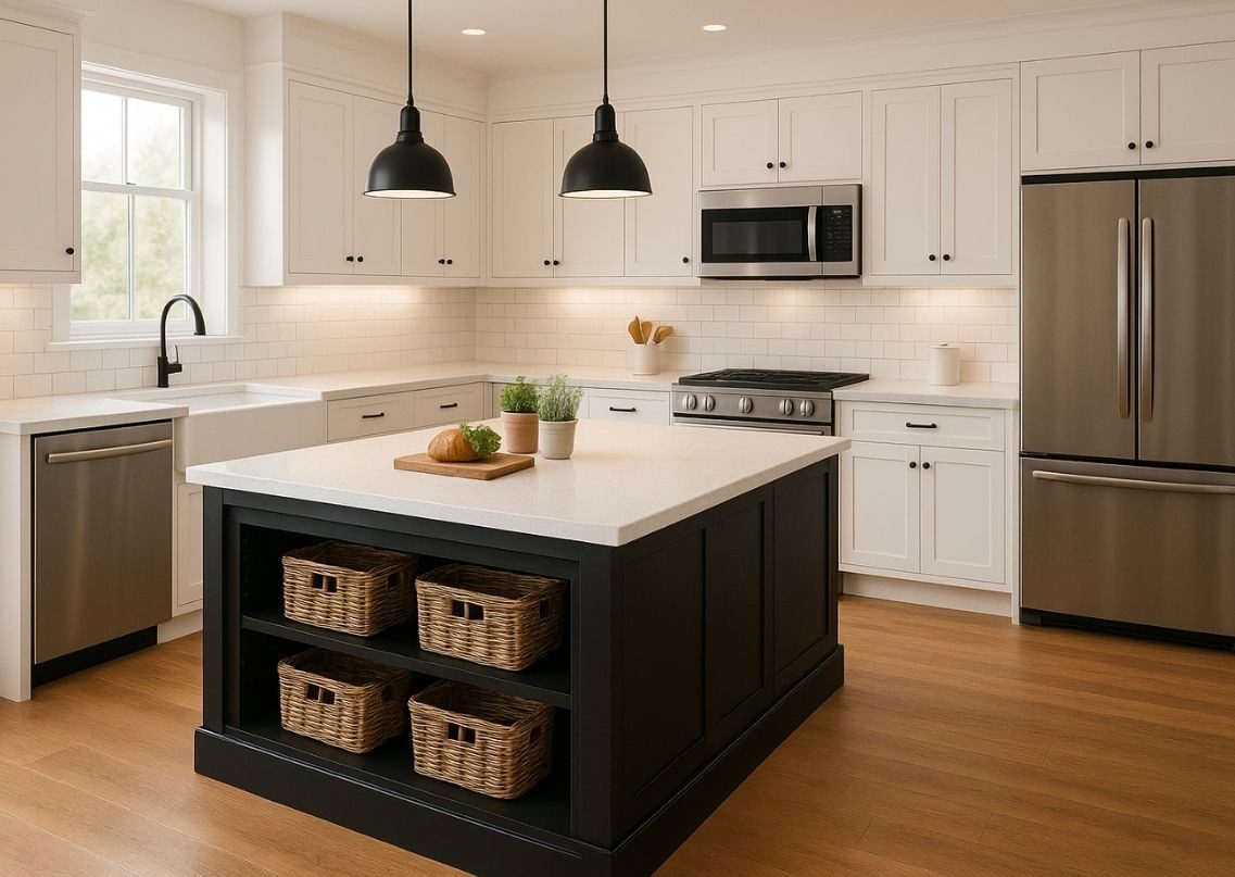 Blue kitchen cabinets with marble island and backsplash - Beautiful Homes