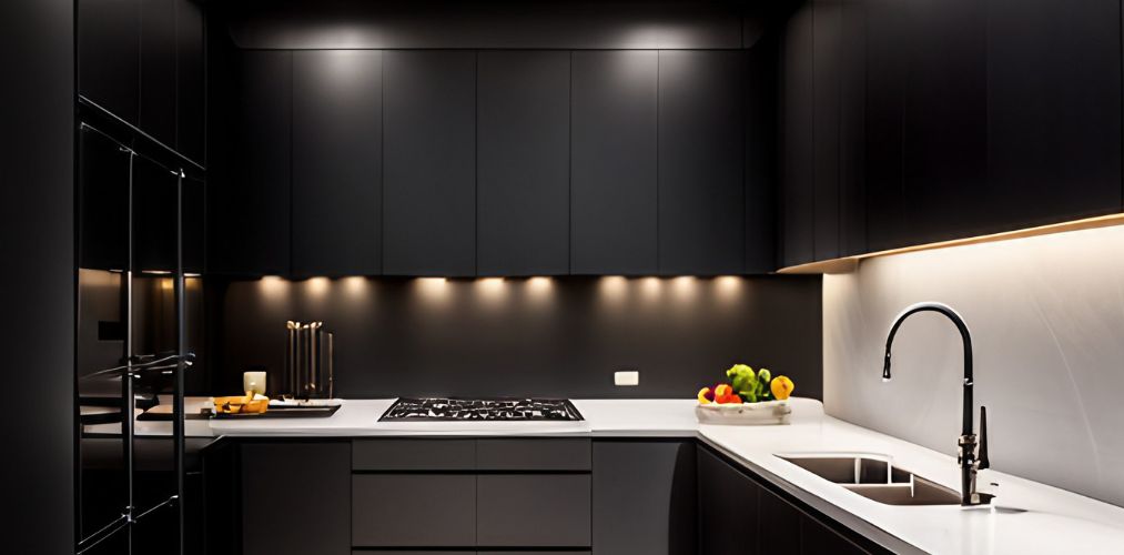 Black kitchen with cove lights and tall storage-Beautiful Homes
