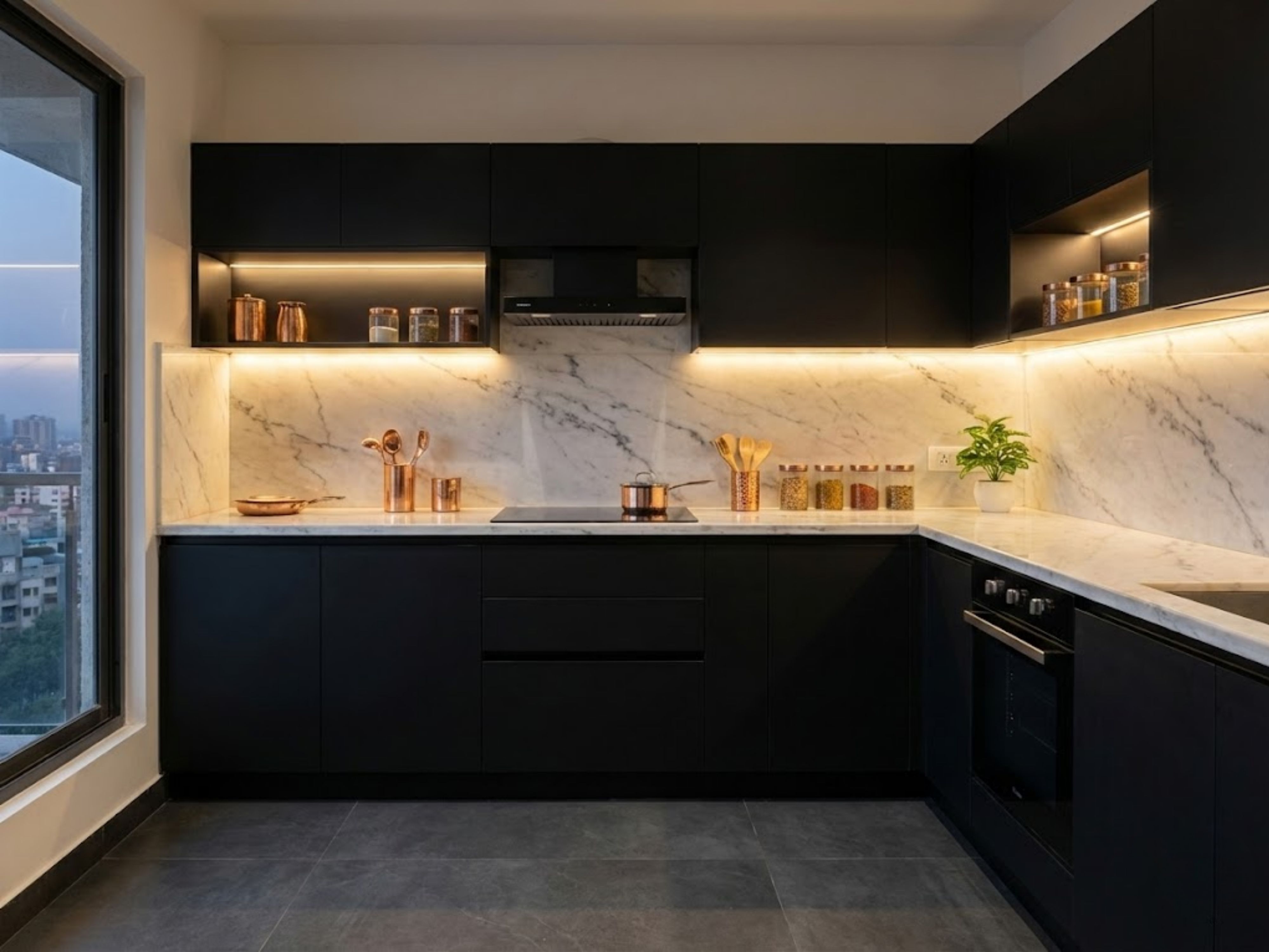 Black modular kitchen with marble counters and cove lighting - Beautiful Homes