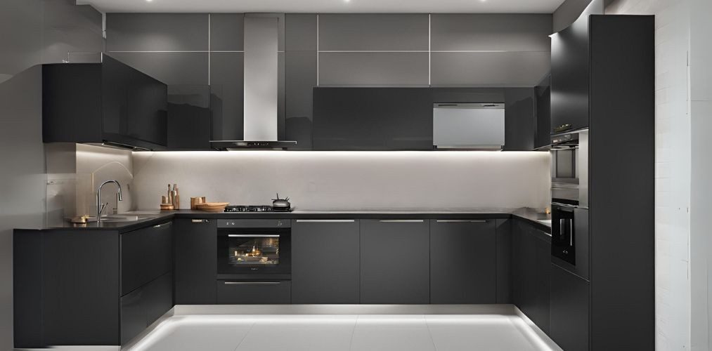 Black u-shaped kitchen design with white backsplash - Beautiful Homes