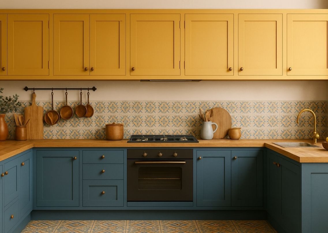 Kitchen with colourful cabinets and wooden accents - Beautiful Homes