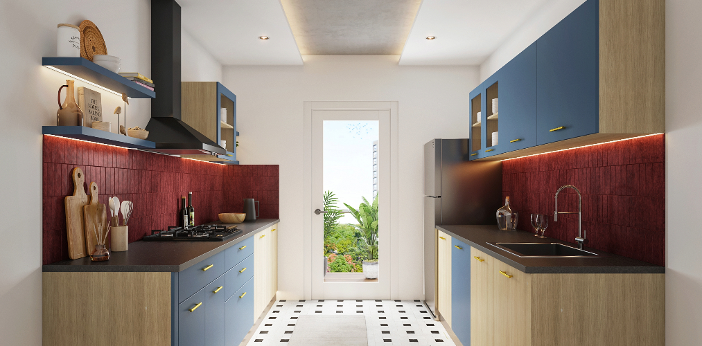 Blue wood finish parallel kitchen design with brown backsplash ...