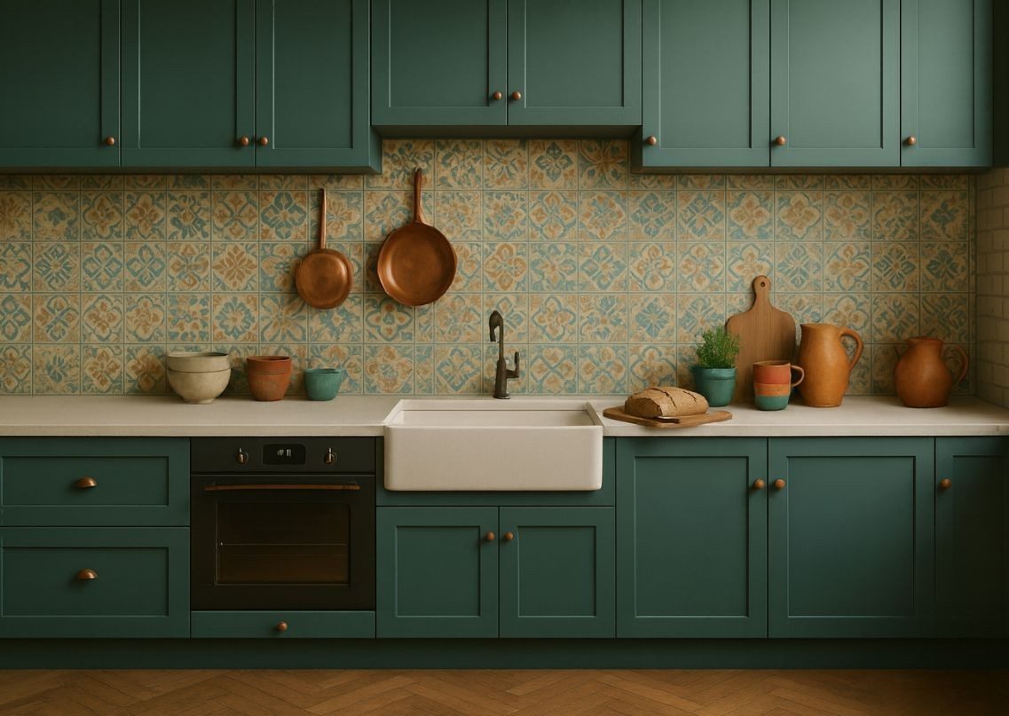 Kitchen with patterned tile backsplash and teal cabinets - Beautiful Homes
