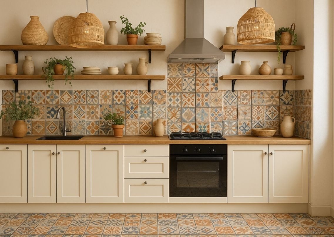Rustic kitchen with open shelves and patterned tiles - Beautiful Homes