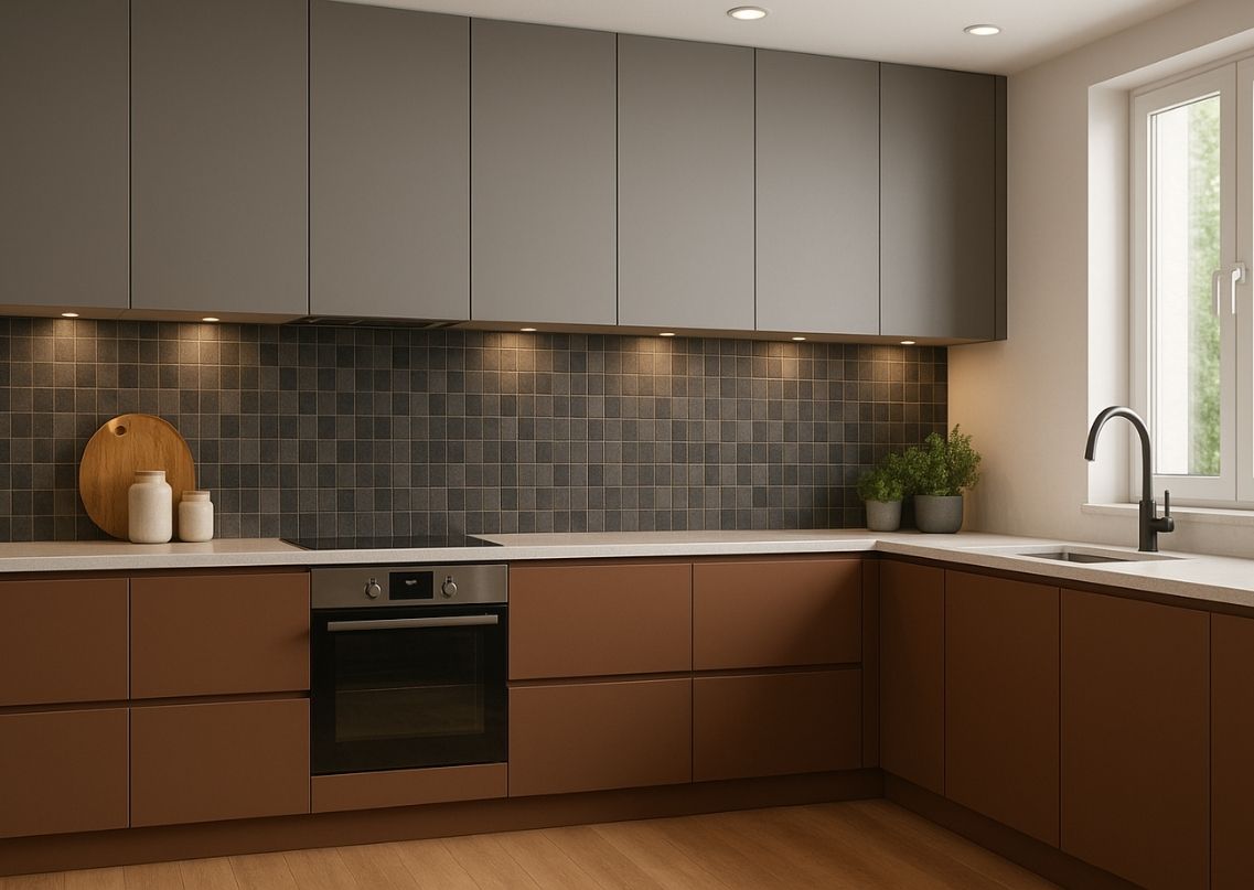 Modern kitchen with grey tiles and wood cabinets - Beautiful Homes