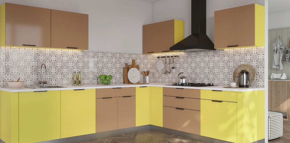 Brown & yellow L shaped kitchen with designer backsplash-Beautiful Homes
